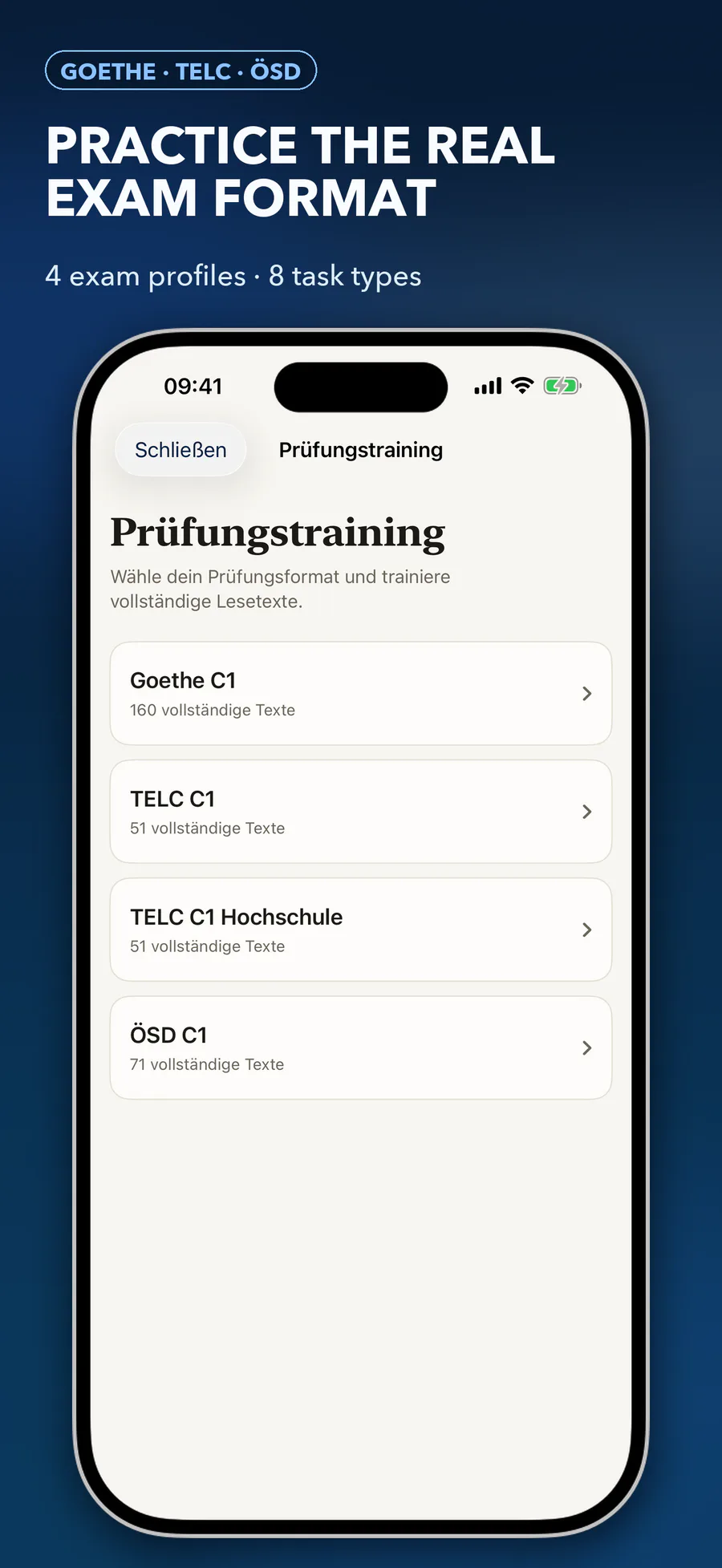 C1 Lens Prüfungstraining mit vier auswählbaren C1-Prüfungsprofilen