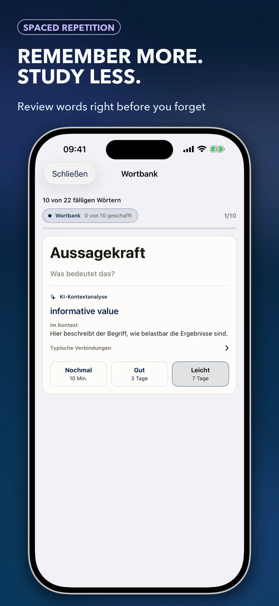Wortbank-Wiederholung in C1 Lens mit Erklärung und drei Bewertungsoptionen