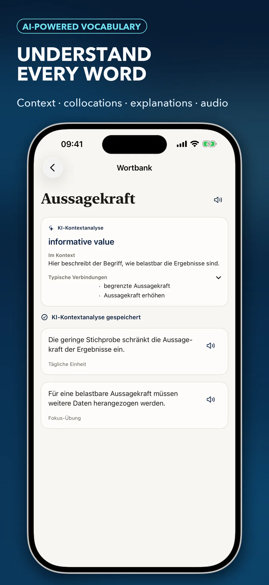 Angereicherter Wortbank-Eintrag in C1 Lens mit Kontext, Kollokationen und Audio